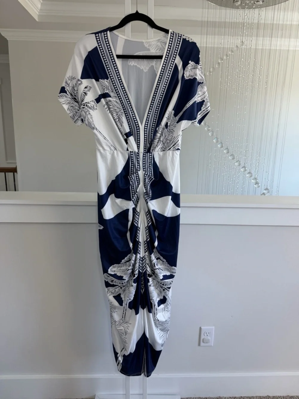 Commense Navy and White Tropical Print V Neck Ruched Dress - Picture 7 of 11